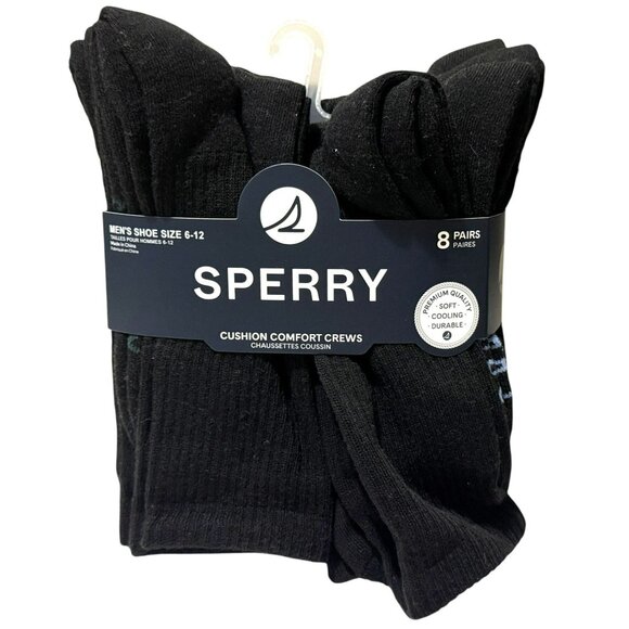 SPERRY Men's Black Cushion Comfort Crew Socks 8 Pairs Size 6-12  Cooling NWT - Picture 1 of 4